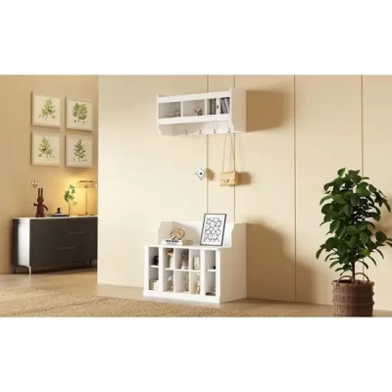 MOEPISY Elegant Hall Tree with Wall Mounted Coat Rack, Entryway Organizer For Hallway, Foyer, Mudroom, White image {12}