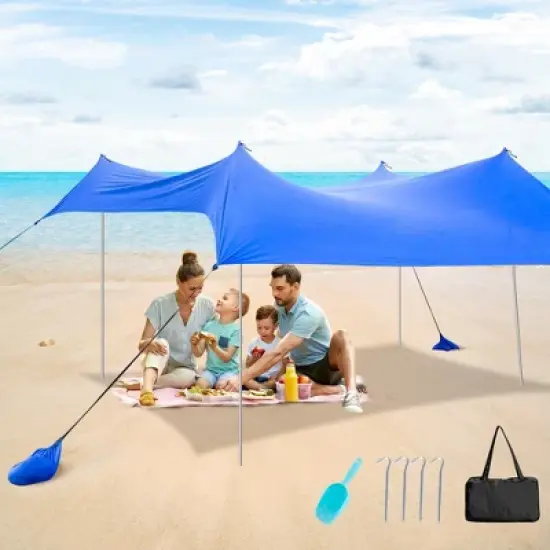 Costway Family Beach Tent Canopy w/4 Poles Sandbag Anchors 10'x9' UPF50+ Purple/Green/Blue image {8}
