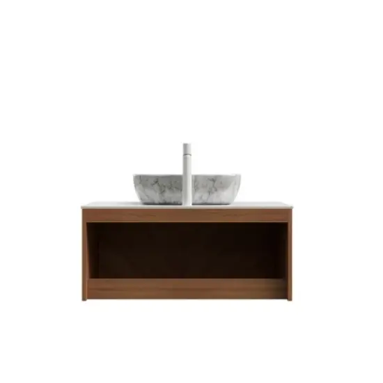 Bathroom Vanity&Sink, Floating Plywood Storage Cabinet,  Marble Pattern Ceramic Vessel Basin&Carrara White Sintered Stone Top image {9}