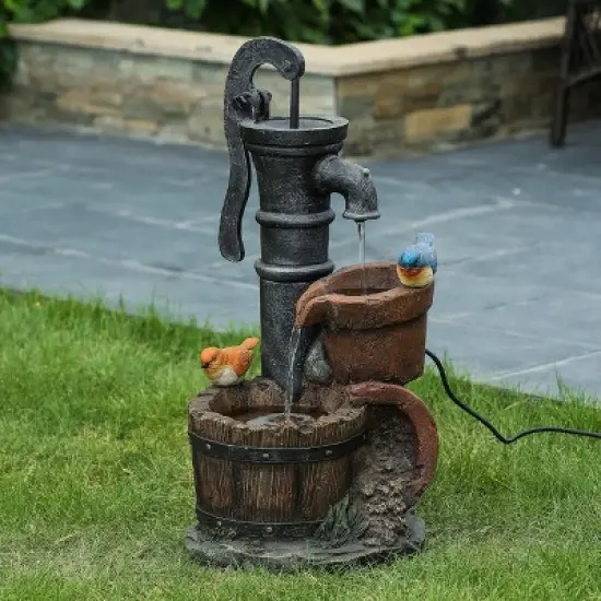 LuxenHome Resin Farmhouse Barrel and Water Pump Outdoor Fountain image {1}