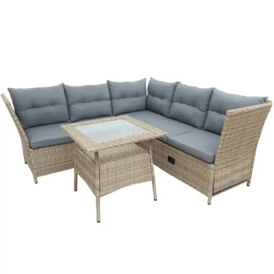4pc Wicker Adjustable Patio Seating Set with Cushions - Natural/Gray - GODEER image {4}
