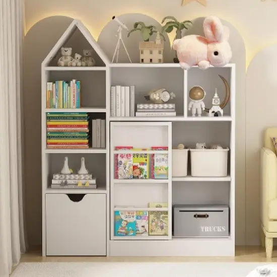 44" Kids Bookshelf Storage，Toy Organizer with Movable Drawers，Floor Storage Chest, Kids Reading Nook for Playroom Classroom image {7}