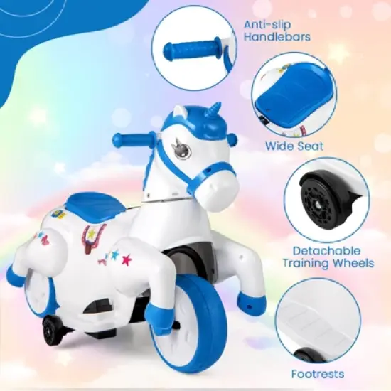 Costway 12V Kids Ride on Unicorn Toy w/ Training Wheels Music One-button Start Horse Toy image {7}