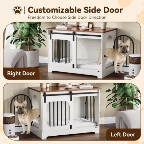 Dog Crate Furniture, 39.4" Dog Kennel for Dogs Up to 70 Lb, with Bed Mat, Heavy-Duty Dog Cage End Table, Three Doors Dog House, White/Brown image {4}
