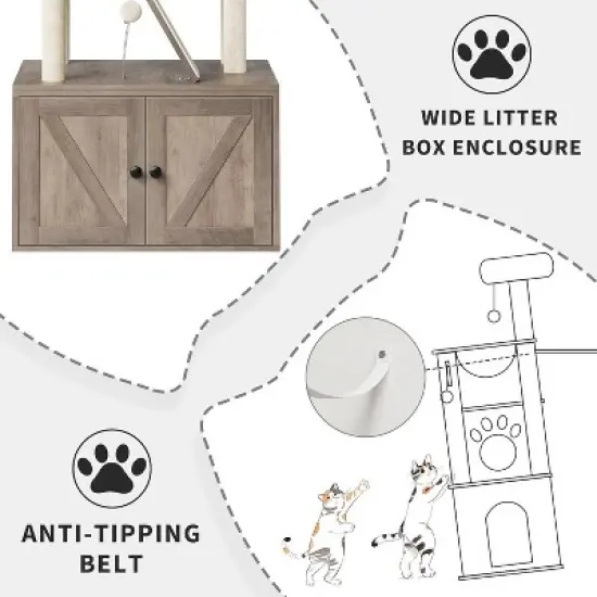 Litter Box Enclosure with Cat Tree Tower and Condo, Hidden Cat Washroom Furniture with Sisal Scratching Post & Soft Plush Perch image {4}