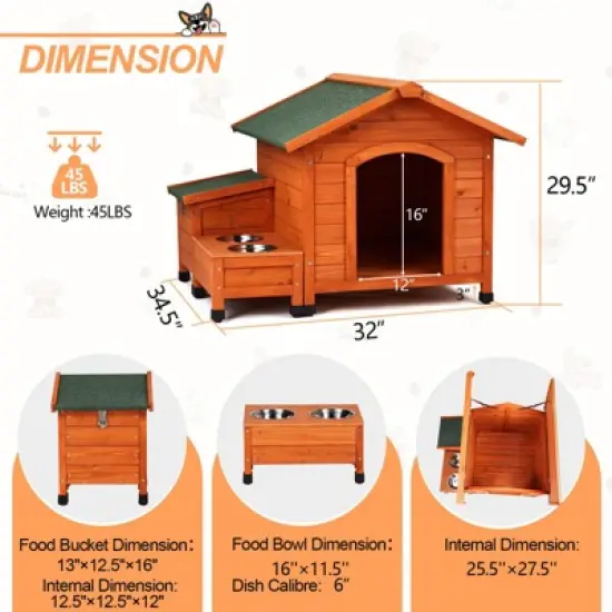 phiestina Wooden Feral Dog House, 32"x34.5"x29.5", with Food Bowl & Storage Bucket for Indoor/Outdoor Use image {5}