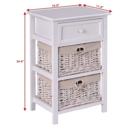 Costway 2PCS Night Stand 3 Tiers 1 Drawer Bedside End Table Organizer Wood W/2 Baskets image {2}
