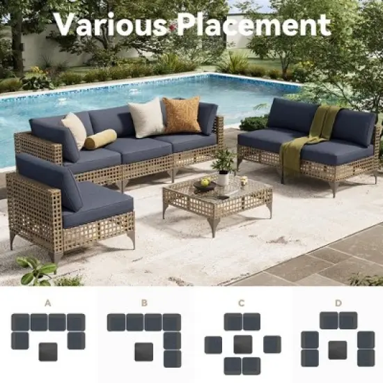 Cesicia 7-Piece Gray Sofa Set, Garden Patio Wicker Sectional Sofa Set with Coffee Table for Backyard, Balcony image {5}