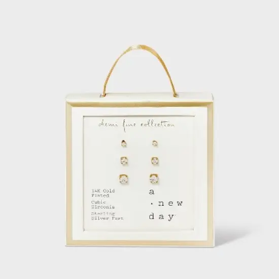 14K Gold Plated Cubic Zirconia Trio Stud Earring Set - A New Day&trade; Gold image {2}
