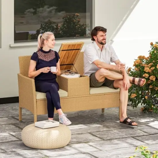 Outsunny Rattan Patio Loveseat with Built-in Flip-Top Coffee Table, Outdoor Wicker Sofa with Cushions for Balcony, Garden, Lawn, Backyard, Khaki image {2}