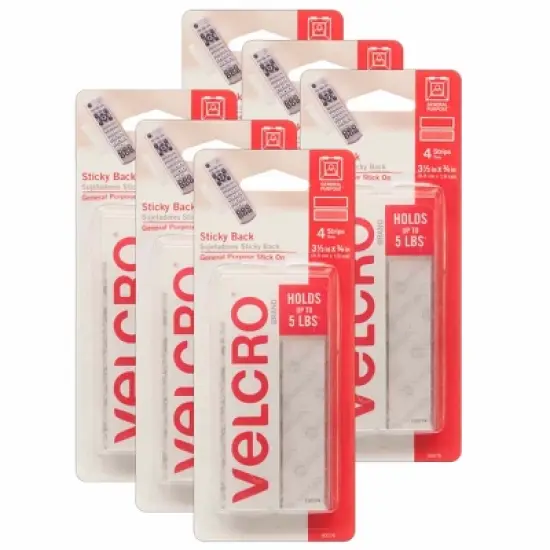 VELCRO&reg; Sticky Back&trade; Strips, 3/4" x 3-1/2", White, 4 Per Pack, 6 Packs image {3}