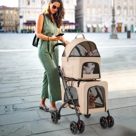 Costway Double Pet Stroller for 2 Dogs or Cats w/ 2 Detachable Carriers Safety Belt Beige image {3}