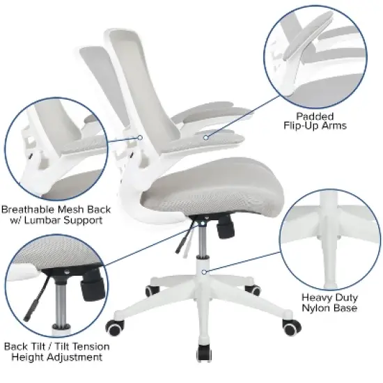 Emma and Oliver Mid-Back Light Gray Mesh Ergonomic Task Office Chair, White Frame - Flip-Up Arms image {4}