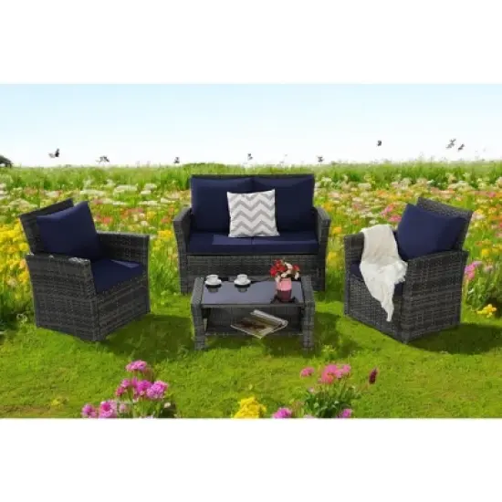 Mshliw 4-Piece Outdoor Patio Furniture Set, Garden Wicker Sofa with Tempered Glass Coffee Table, Poolside Lawn Chairs, Cushions, Modular Design image {9}