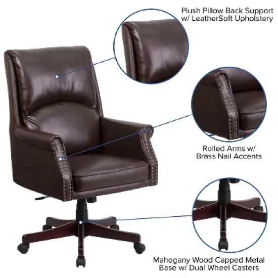 Merrick Lane Ergonomic Executive Office Chair with High Pillowed Back & Rolled Arms In Brown Faux Leather with Mahogany Finish Base image {8}