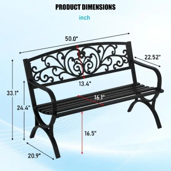 BestMassage Patio Garden Bench 50 Inch Sturdy Metal Loveseat Chairs, Black image {6}