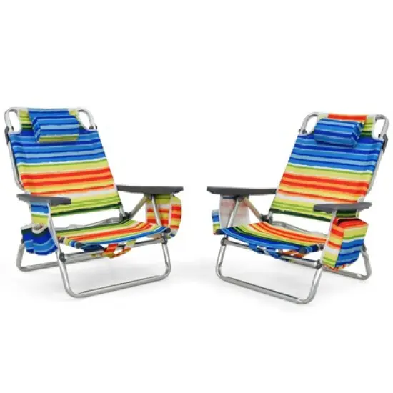 Gymax 2-piece Beach Chair Set 5 Adjustable Position Reclining Chairs Folding Backpack Chairs Cup Holders Storage Bag Towel Bar and Iced Bag Set of 2 image {10}