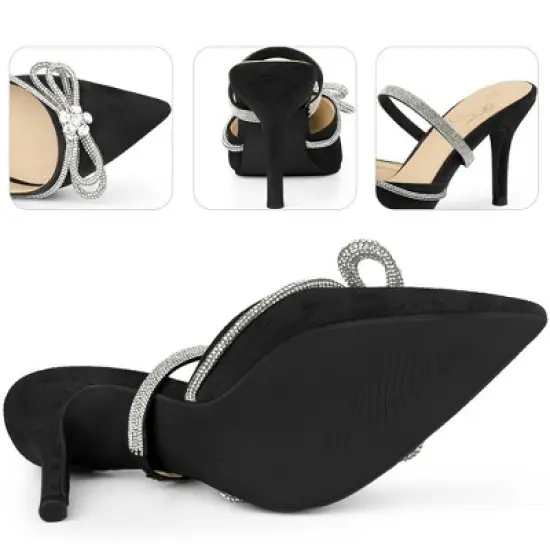 Perphy Pointed Toe Rhinestones Bow Stiletto Heel Slip on Mules for Women image {2}