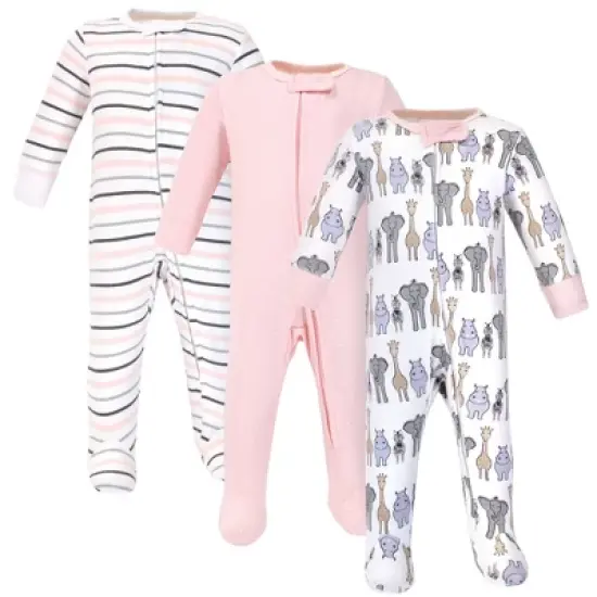 Hudson Baby Infant Girl Cotton Zipper Sleep and Play 3pk, Pink Safari image {4}