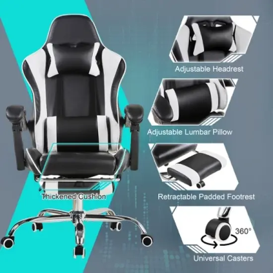 VECELO Reclining Gaming Chair, Faux Leather Adjustable Height Ergonomic Gaming Chair with Footrest & Lumbar Support, Black image {9}