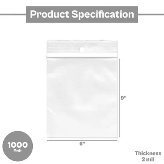 PSBM 1000 Pieces, 6" x 9", 2 Mil Clear Re-closable Bags with Hang Hole for Storage image {2}