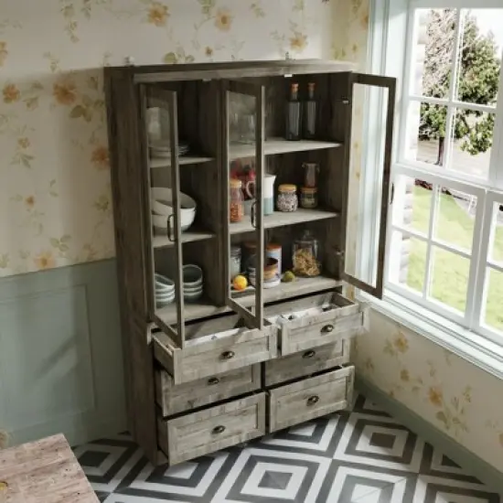 Famapy Vintage Kitchen Cabinet,Adjustable Shelves & Glass Doors,Multi-Drawer Large-Capacity Kitchen Storage Solution,Antique-Style Kitchen Pantry image {2}