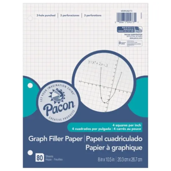 Pacon Graphing Paper, White, 3-Hole Punched, 1/4" Quadrille Ruled, 8" x 10-1/2", 80 Sheets image {1}