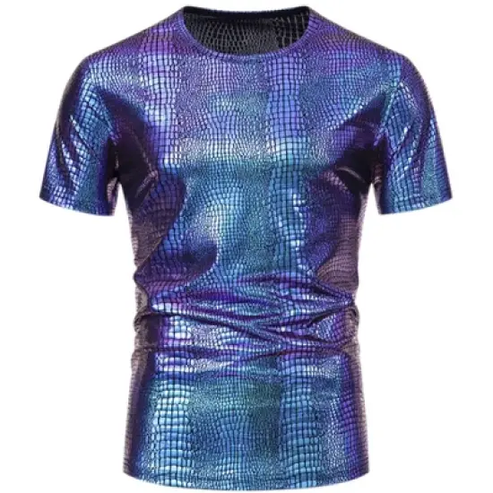 Lars Amadeus Men's Short Sleeves Metallic Animal Printed Disco Party Tee Shirts Purple Blue Medium image {1}