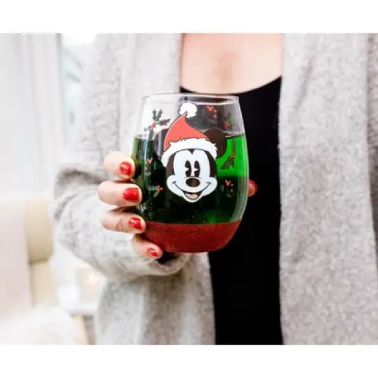 Silver Buffalo Disney Mickey Mouse Santa Hat Teardrop Stemless Wine Glass | Holds 20 Ounces image {4}