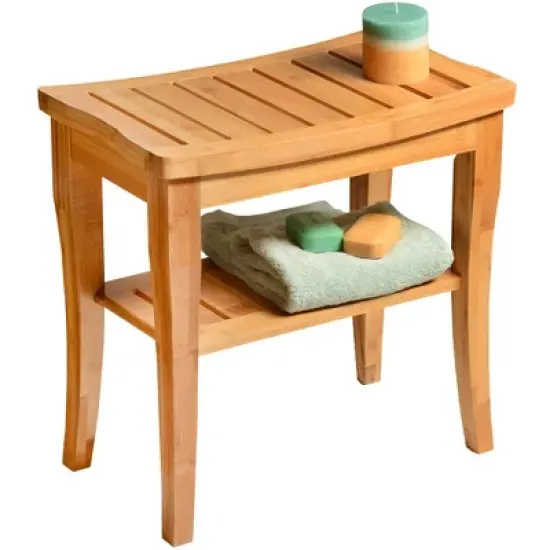 Bamboo Shower Bench Spa Stool - Wood 2-Tier Seat, Foot Rest Shaving Stool with Non-Slip Feet + Storage Shelf - Seat Organizer for Bathroom Living Room image {7}