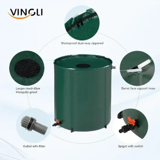 VINGLI Collapsible Rain Barrel, Portable Water Storage Tank, Rainwater Collection System Downspout, Green image {1}