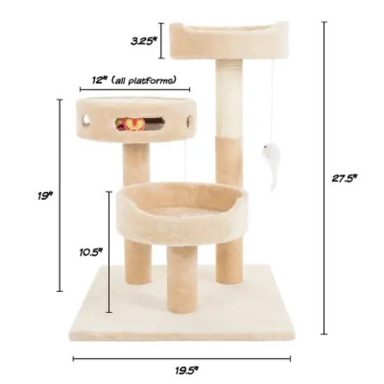 3-Tier Cat Tree - 2 Carpeted Napping Perches, Sisal Rope Scratching Post, Hanging Mouse, and Interactive Cheese Wheel Toy by PETMAKER (Tan and Brown) image {1}