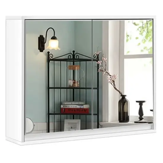 Costway Wall Mounted Bathroom Medicine Cabinet Storage Cabinet Double Mirror Door Organizer Shelf White image {8}
