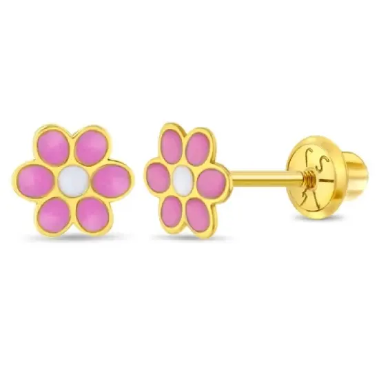 Girls' Enamel Daisy Screw Back 14k Gold Earrings - In Season Jewelry image {5}