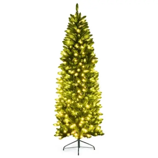 Costway 5/6/7 Ft Pre-lit Artificial Pencil Christmas Tree Hinged Fir PVC Tree with 150/250/350 LED Lights image {12}