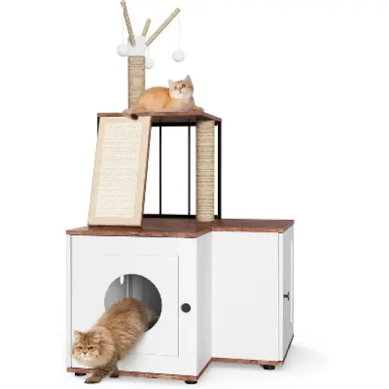 Cat Litter Box Enclosure with Storage,Hidden Wooden Pet Furniture Cabinet with Scratching Post,Toy Balls & Privacy House Corner Space-Saving Design image {6}