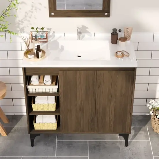 HYLEORY 36" Bathroom Vanity with Basin, Bathroom Storage Cabinet with Two Doors and open shelf, Solid Frame image {3}