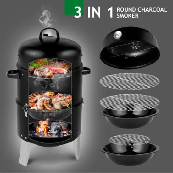 KTMBDW Vertical Steel Charcoal Smoker, Heavy Duty Double Layer Round BBQ Grill for Outdoor Cooking, Black image {4}