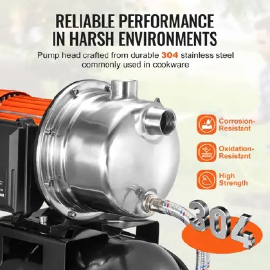 VEVOR 1 HP Shallow Well Pump with Pressure Tank, 1000 GPH, Automatic Irrigation Water Booster Pump with 130 ft Head Lift 20/40 PSI Pressure, Black image {4}