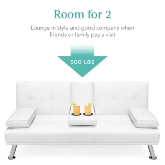 Best Choice Products Modern Faux Leather Convertible Futon Sofa w/ Removable Armrests, Metal Legs, 2 Cupholders - White image {2}