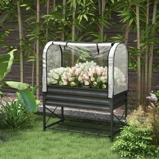 Outsunny Raised Garden Bed with Cover and Storage Shelf, Rectangular Metal Elevated Planter Box with Legs and Bed Liner image {2}