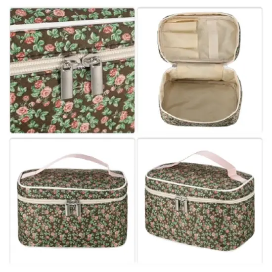 Unique Bargains Portable Peony Cosmetic Bag Green Pink 1 Pc image {2}