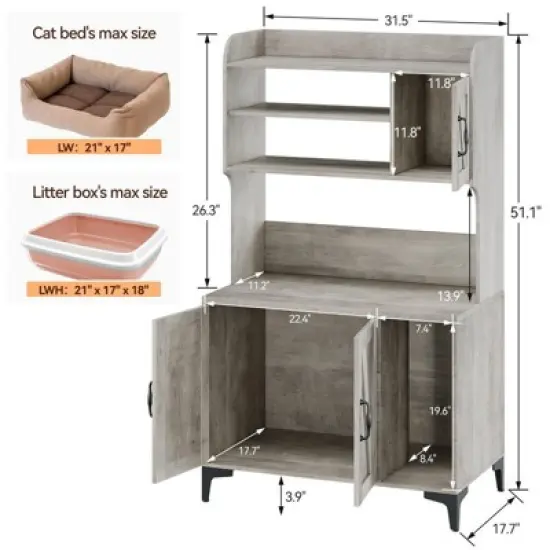 coucheta Large Cat Litter Box Enclosure Furniture, 3 Open Shelves and Storage Cabinet, Cat House with Scratch Pad, Wood Pet House Side End Table image {1}