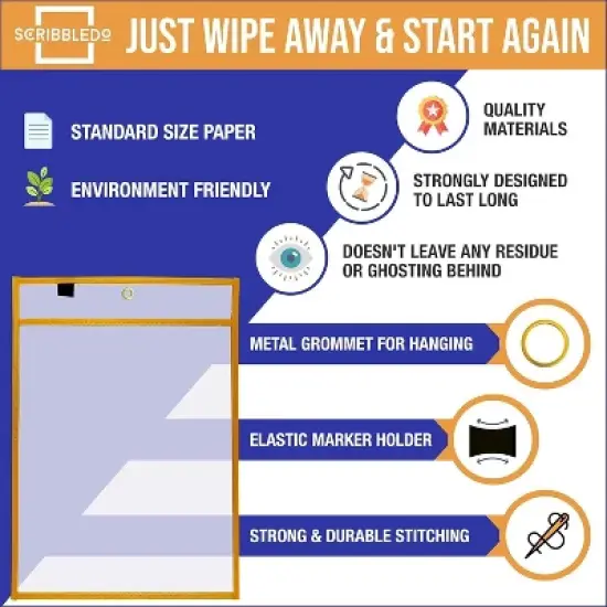 SCRIBBLEDO Reusable Dry Erase Pockets 50-Pack &ndash; Colorful Write & Wipe Sleeves for 8.5"x11" Worksheets image {5}