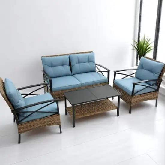 4-Piece Patio Sectional Low Dining Sofa Set with Steel Table, Blue Cushions, and Detachable Covers &acirc;&acirc;&sbquo;?Comfortable Outdoor Conversation Set image {5}