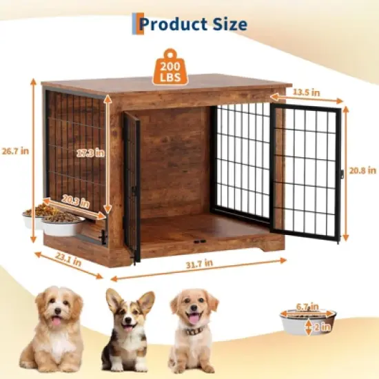 32" Dog Crate Furniture with Rotating Feeder, Wooden Crate End Table with 2 Doors, Heavy Duty Indoor Kennel Cage for Small to Medium Dogs image {6}
