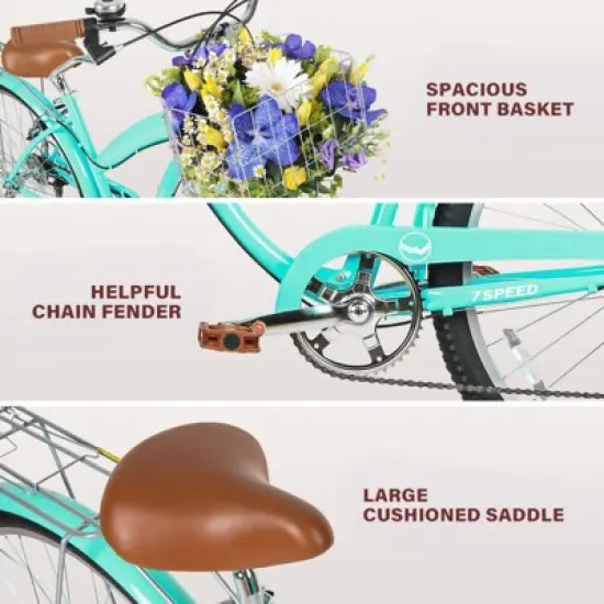 Hykolity 26 Inch Beach Cruiser Bike 7-Speed Commuter Bicycle Outdoor City Bike for Women with Rear Rack High-Carbon Steel Front Rear Fenders & Basket image {3}