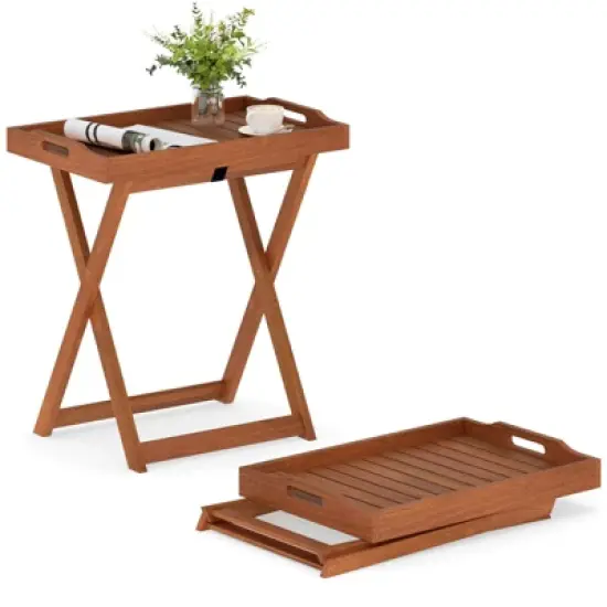 Tangkula Patio Solid Wood Tray Table w/ Removable Top Rectangular TV Tray Bistro Table image {9}