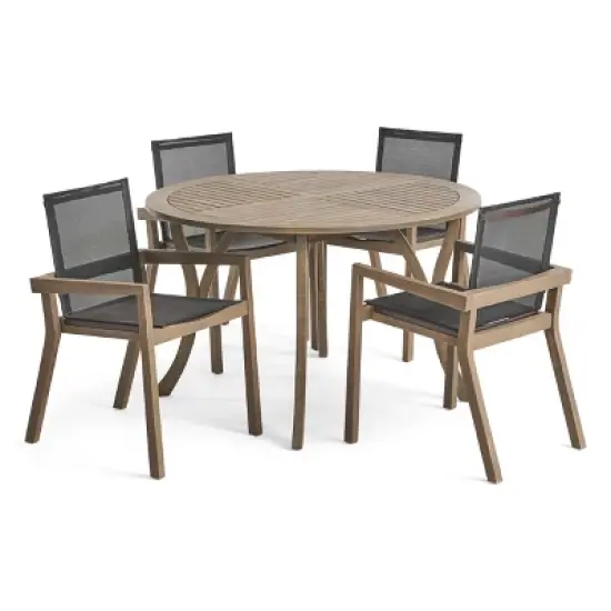 Christopher Knight Home Lockett Outdoor Mesh and Acacia Wood 5 Piece Dining Set image {1}