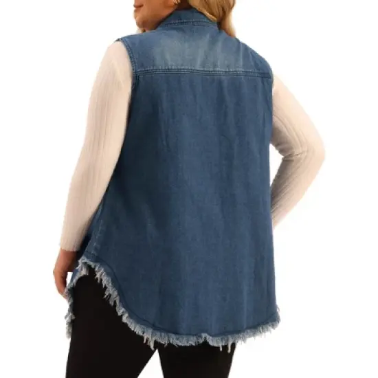 Agnes Orinda Women's Plus Size Button Up Frayed Hem Shacket Sleeveless Pockets Denim Vests image {3}